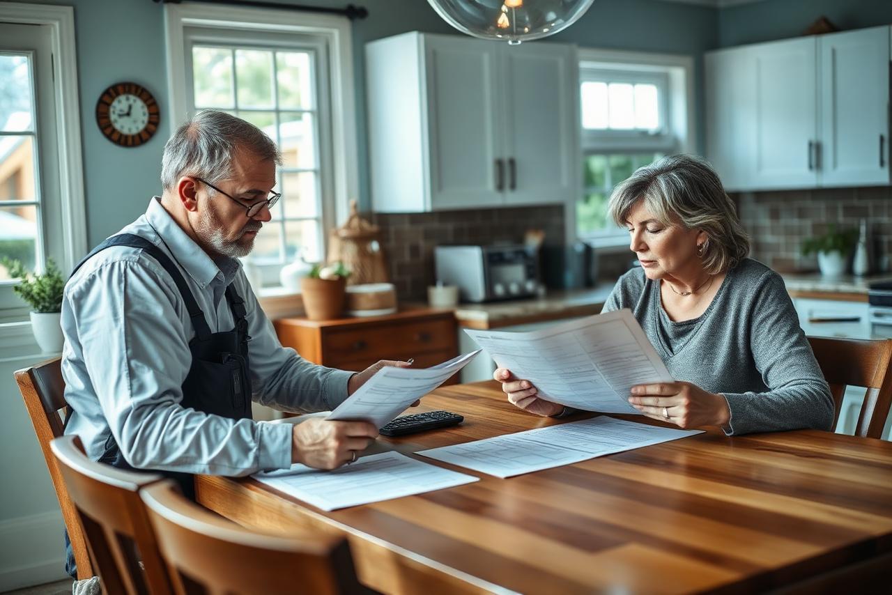 Pest control technician explaining treatment details to a homeowner at a kitchen table.