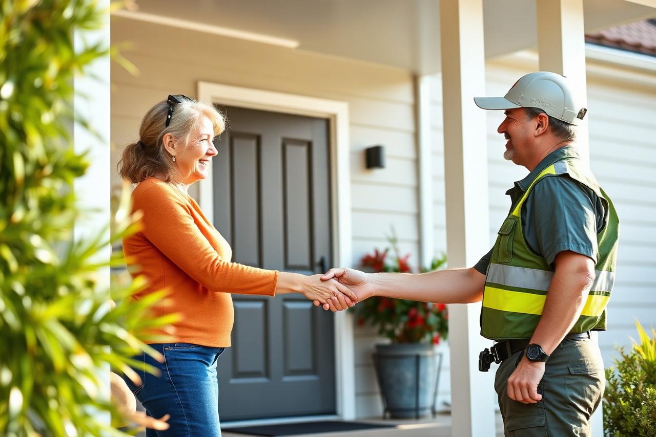 Homeowner greeting a uniformed pest control technician at the front porch of a home.