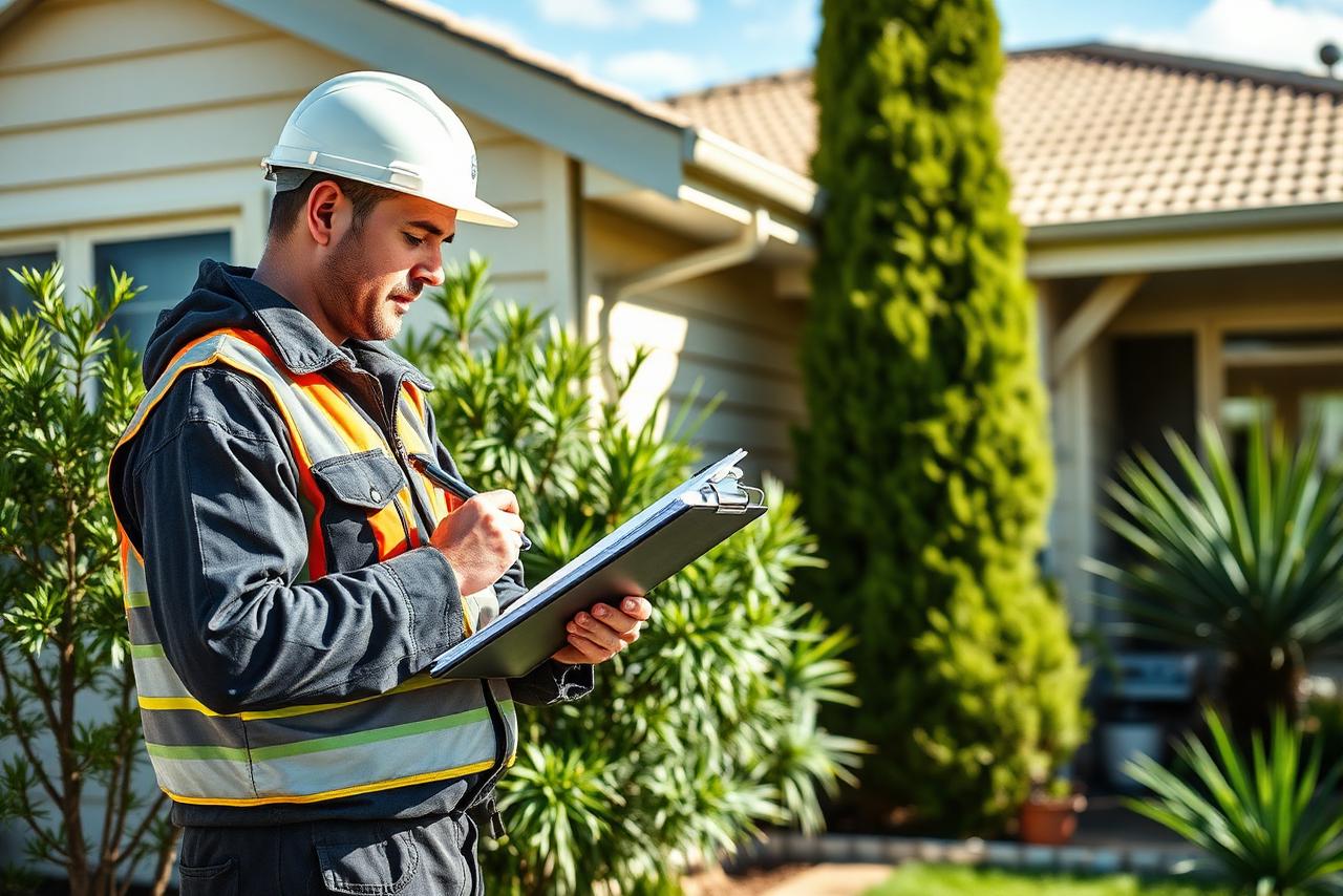 Pest control technician completing a written termite inspection report at a residential property.