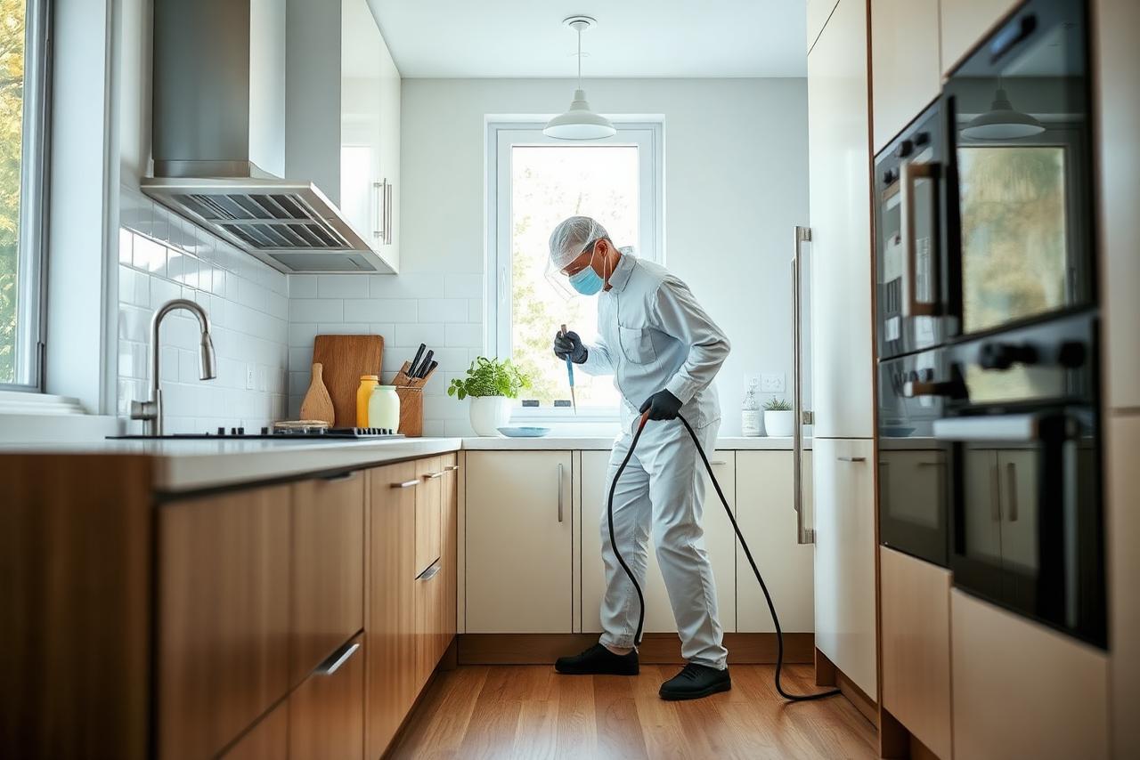 Technician applying a targeted pest treatment in a bright kitchen.