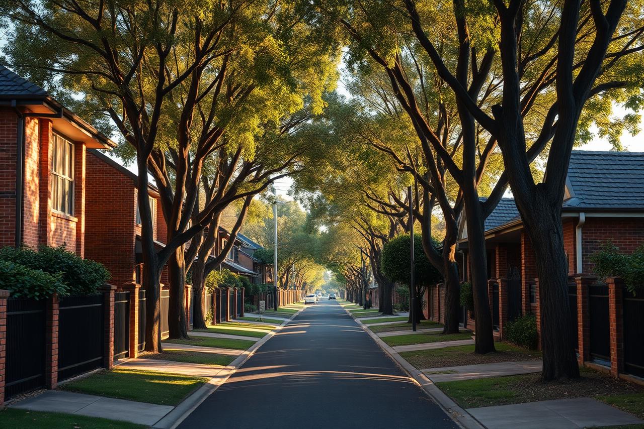 Suburban street in Newcastle with established brick homes and tree-lined footpath.