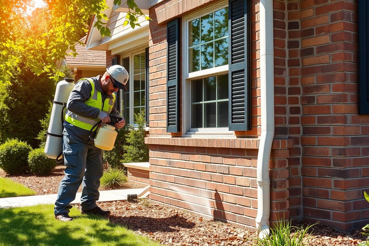 Technician applying exterior perimeter pest treatment around the base of a residential home.