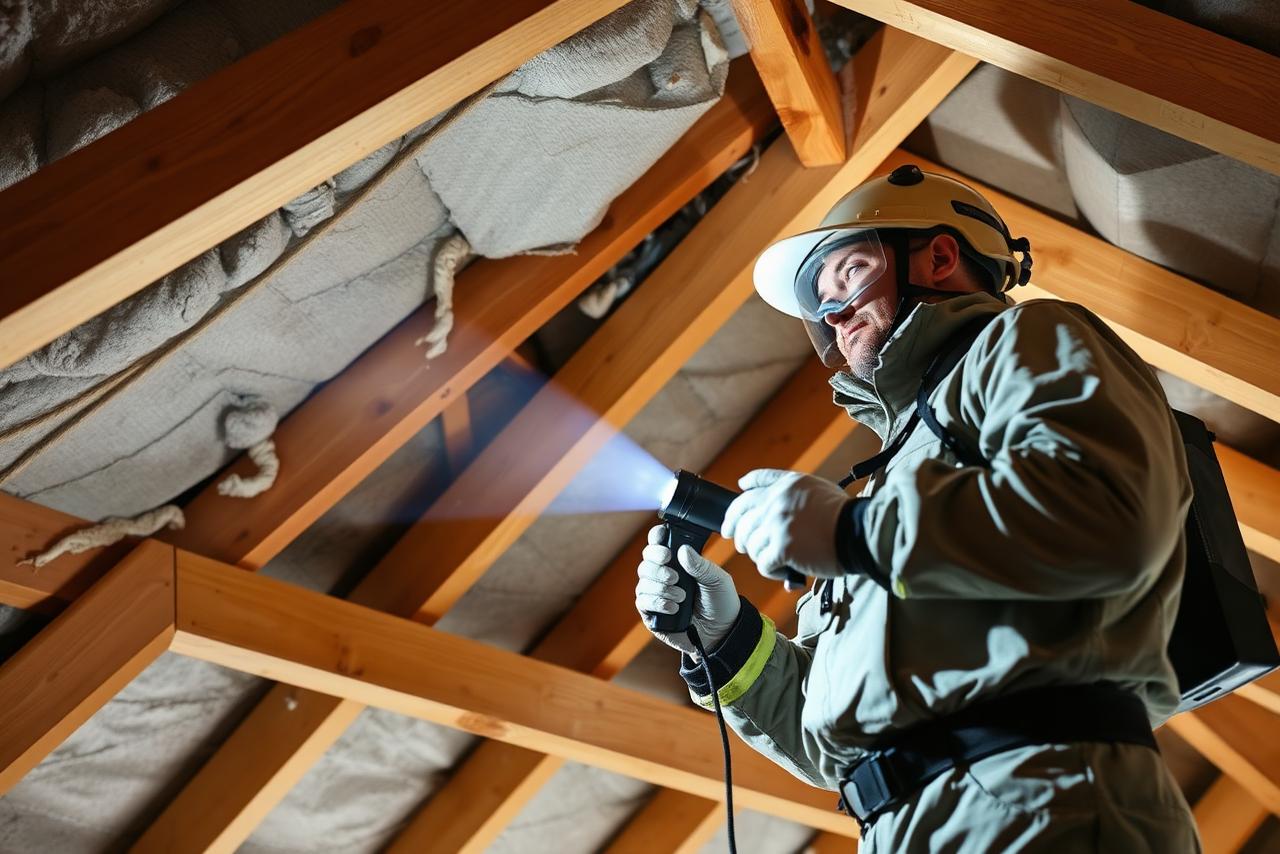 Technician conducting a detailed termite inspection inside a roof void.