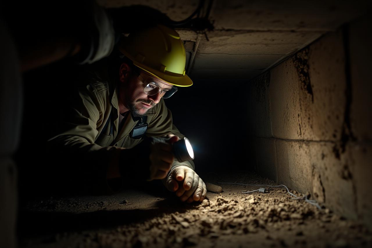 Pest control technician conducting a subfloor inspection in a residential property.